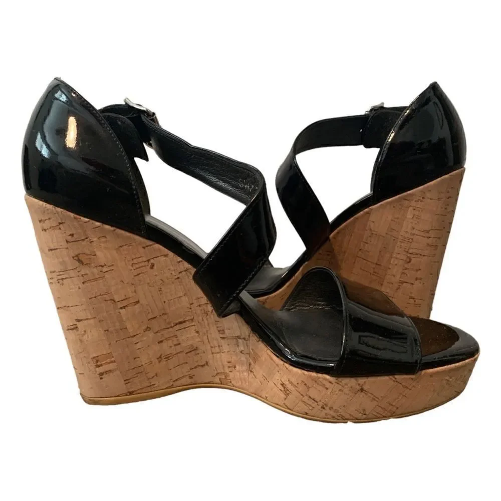 Stuart Weitzman Black Patent Leather Wedge Sandal Size 9.5 - Picture 14 of 14